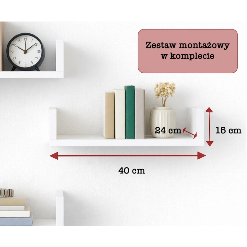 Półka Ścienna Wisząca 40 cm P1-40 Biała Zestaw 3 szt do Salonu, Sypialni