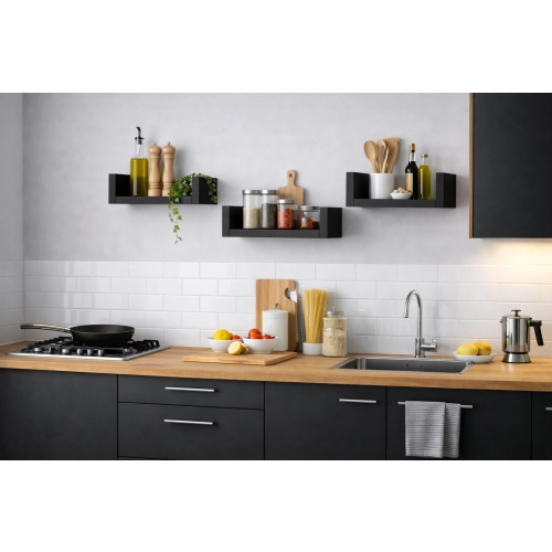 Półka Ścienna Wisząca 40 cm P1-40 Czarna Zestaw 3 szt do Salonu, Sypialni