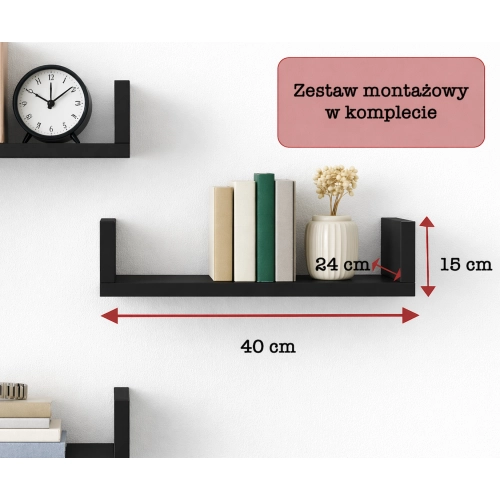 Półka Ścienna Wisząca 40 cm P1-40 Czarna Zestaw 3 szt do Salonu, Sypialni