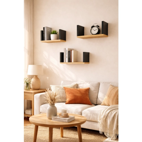 Półka Ścienna Wisząca 40 cm P1-40 Dąb Wotan/Czarny Zestaw 3 szt do Salonu, Sypialni