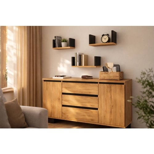 Półka Ścienna Wisząca 40 cm P1-40 Dąb Wotan/Czarny Zestaw 3 szt do Salonu, Sypialni