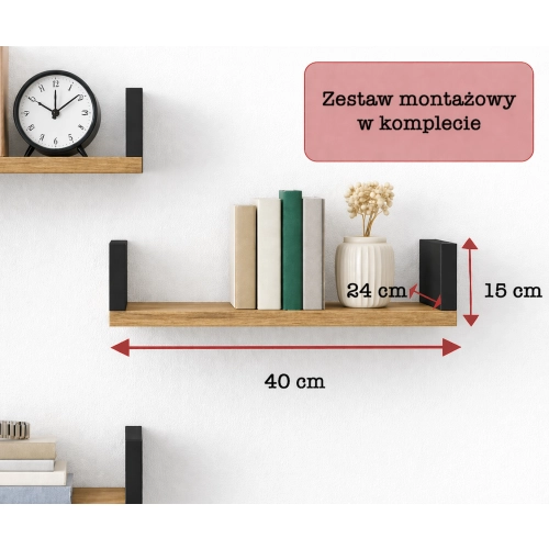 Półka Ścienna Wisząca 40 cm P1-40 Dąb Wotan/Czarny Zestaw 3 szt do Salonu, Sypialni
