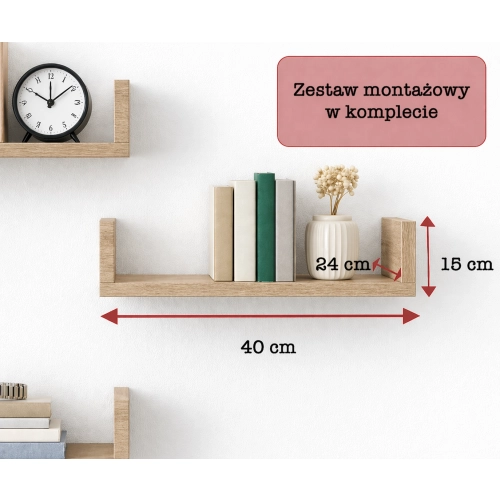 Półka Ścienna Wisząca 40 cm P1-40 Dąb Sonoma Zestaw 3 szt do Salonu, Sypialni