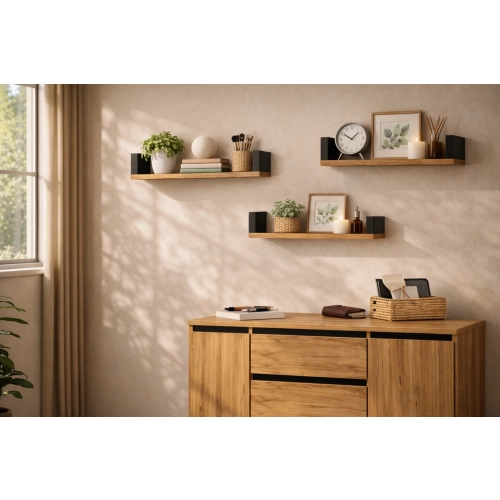 Półka Ścienna Wisząca 60 cm P1-60 Dąb Wotan/Czarny Zestaw 3 szt do Salonu, Sypialni