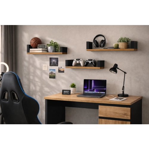 Półka Ścienna Wisząca 60 cm P1-60 Dąb Wotan/Czarny Zestaw 3 szt do Salonu, Sypialni