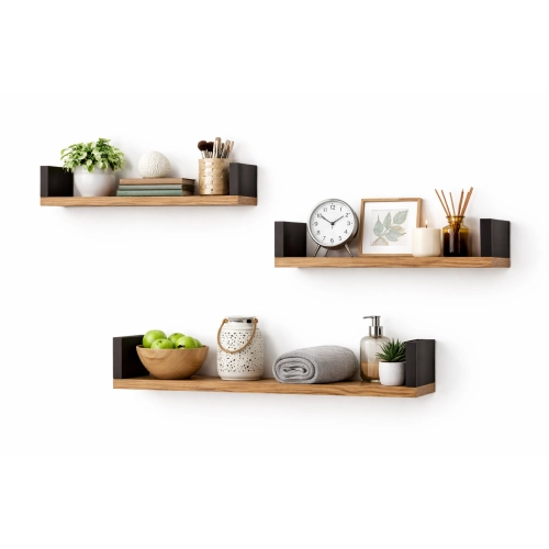 Półka Ścienna Wisząca 60 cm P1-60 Dąb Wotan/Czarny Zestaw 3 szt do Salonu, Sypialni