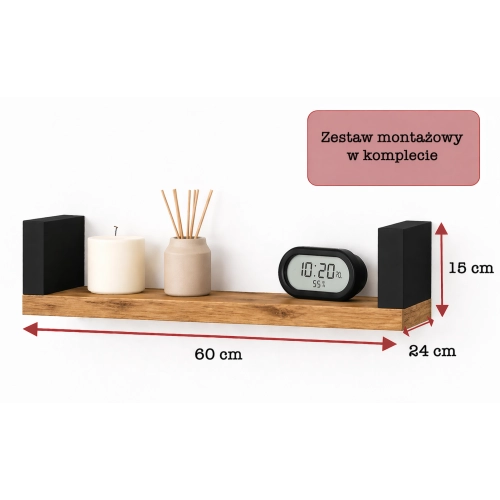 Półka Ścienna Wisząca 60 cm P1-60 Dąb Wotan/Czarny Zestaw 3 szt do Salonu, Sypialni