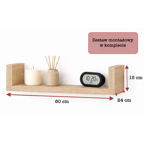 Półka Ścienna Wisząca 60 cm P1-60 Dąb Sonoma Zestaw 3 szt do Salonu, Sypialni