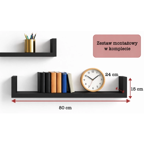 Półka Ścienna Wisząca 80 cm P1-80 Czarny Zestaw 3 szt do Salonu, Sypialni