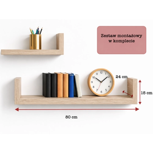 Półka Ścienna Wisząca 80 cm P1-80 Dąb Sonoma Zestaw 3 szt do Salonu, Sypialni