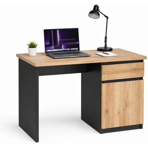 Biurko Dąb Wotan/Czarny B2-S Komputerowe Młodzieżowe z Szufladą Półka Cichy Domyk