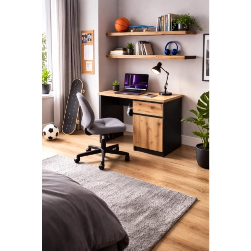 Biurko Dąb Wotan/Czarny B2-S Komputerowe Młodzieżowe z Szufladą Półka Cichy Domyk