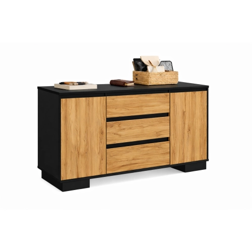 Komoda 2D3S CZ ALFA Komoda Czarna z Szufladami do Salonu, Sypialni 145 cm Dąb Wotan + Czarny