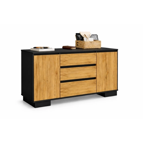 Komoda 2D3S CZ ALFA Komoda Czarna z Szufladami do Salonu, Sypialni 145 cm Dąb Wotan + Czarny