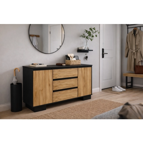 Komoda 2D3S CZ ALFA Komoda Czarna z Szufladami do Salonu, Sypialni 145 cm Dąb Wotan + Czarny