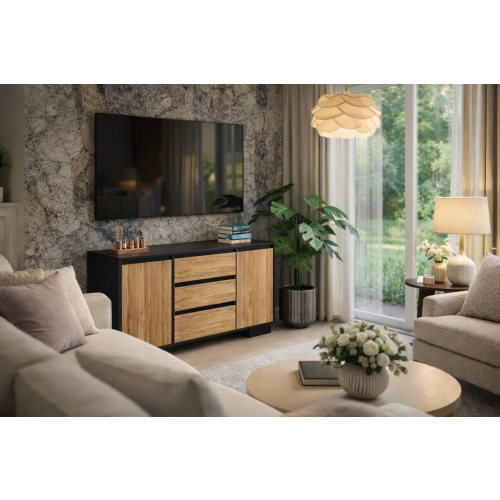 Komoda 2D3S CZ ALFA Komoda Czarna z Szufladami do Salonu, Sypialni 145 cm Dąb Wotan + Czarny