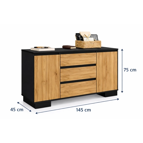 Komoda 2D3S CZ ALFA Komoda Czarna z Szufladami do Salonu, Sypialni 145 cm Dąb Wotan + Czarny