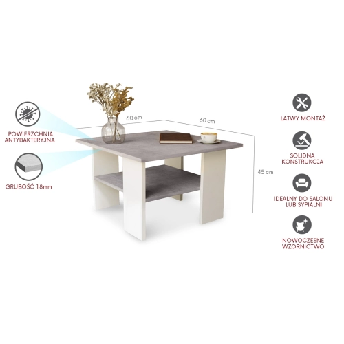 Stolik kawowy kwadratowy ST1 beton/biały 60x60 cm
