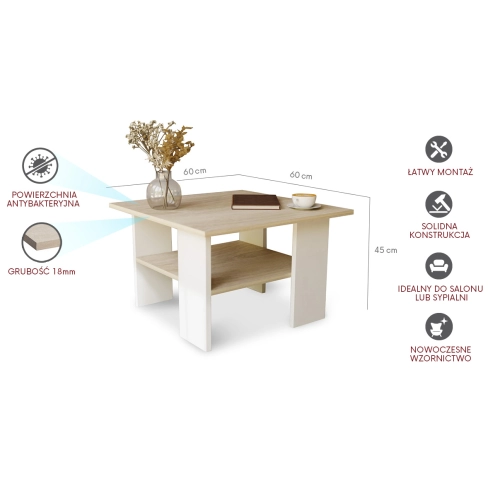 Stolik kawowy kwadratowy ST1 dąb sonoma/biały 60x60 cm
