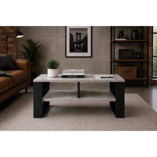 Stolik kawowy ST14 BET z lamelami Ława Beton/Czarny z półką loft