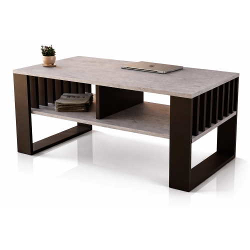 Stolik kawowy ST14 BET z lamelami Ława Beton/Czarny z półką loft