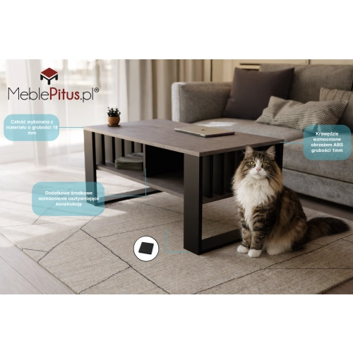 Stolik kawowy ST14 BET z lamelami Ława Beton/Czarny z półką loft