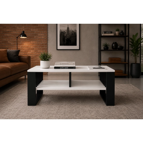 Stolik kawowy ST14 BIA z lamelami Ława Biały/Czarny z półką loft