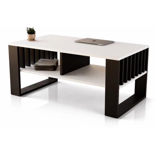 Stolik kawowy ST14 BIA z lamelami Ława Biały/Czarny z półką loft