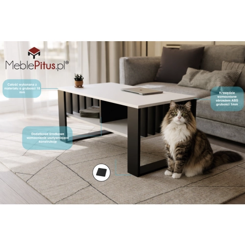 Stolik kawowy ST14 BIA z lamelami Ława Biały/Czarny z półką loft