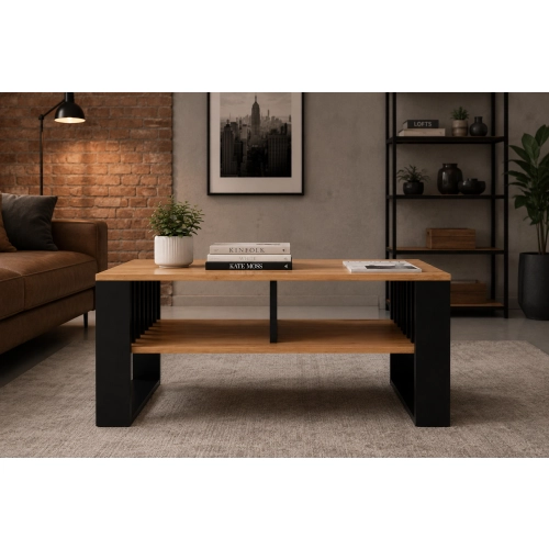 Stolik kawowy ST14 DC z lamelami Ława Dąb Wotan Odwieczny/Czarny z półką loft