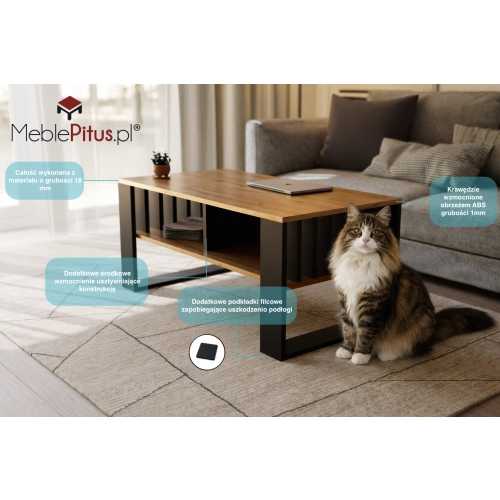 Stolik kawowy ST14 DC z lamelami Ława Dąb Wotan Odwieczny/Czarny z półką loft