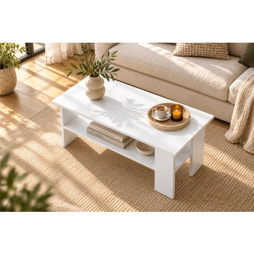 Stolik Kawowy Biały ST2 Ława z Półką Nowoczesna Loft 90 x 50 cm do Salonu