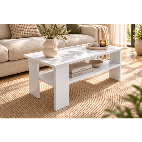 Stolik Kawowy Biały ST2 Ława z Półką Nowoczesna Loft 90 x 50 cm do Salonu