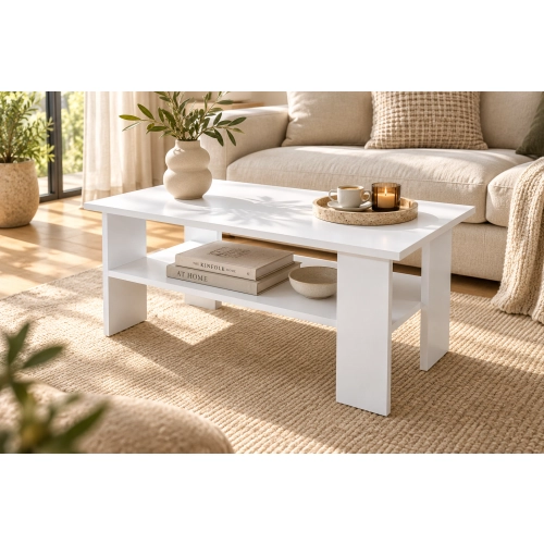 Stolik Kawowy Biały ST2 Ława z Półką Nowoczesna Loft 90 x 50 cm do Salonu