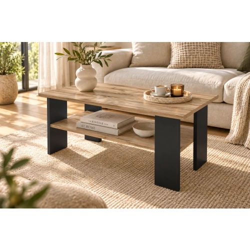 Stolik Kawowy Dąb Wotan - Czarny ST2 Ława z Półką Nowoczesna Loft 90 x 50 cm do Salonu