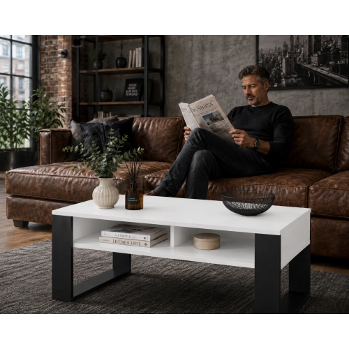 Stolik Kawowy ST7 Biały Czarny Ława Loft Retro 90 x 50 cm do salonu