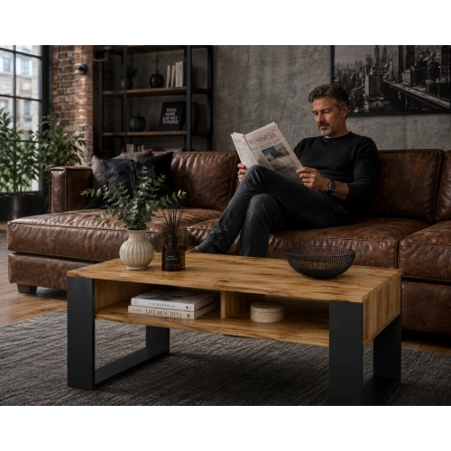 Stolik Kawowy ST7 Dąb Wotan Czarny Ława Loft Retro 90 x 50 cm do salonu