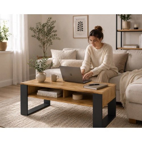Stolik Kawowy ST7 Dąb Wotan Czarny Ława Loft Retro 90 x 50 cm do salonu