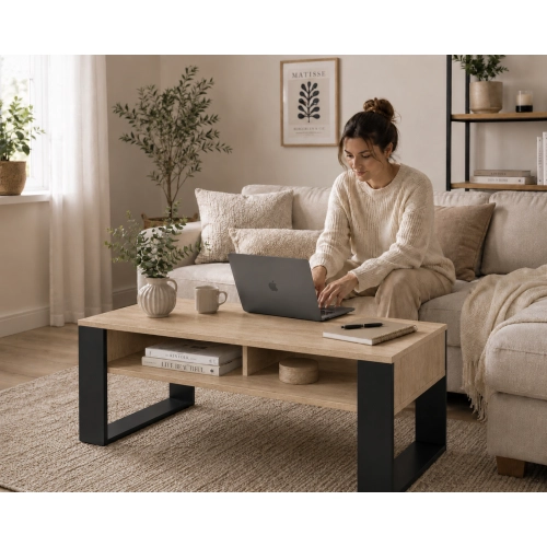 Stolik Kawowy ST7 Dąb Sonoma Czarny Ława Loft Retro 90 x 50 cm do salonu