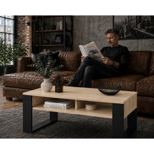 Stolik Kawowy ST7 Dąb Sonoma Czarny Ława Loft Retro 90 x 50 cm do salonu